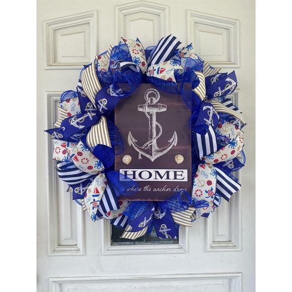 Nautical Wreath “Home Where the Anchor Drops” Coastal Front Door Decor, Handmade - Picture 1 of 9